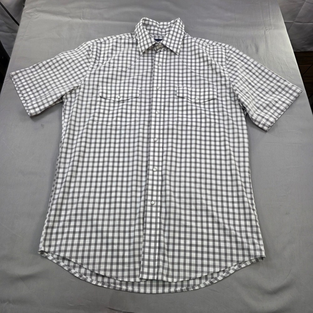 Wrangler Mens‎ Gray Plaid Short Sleeve Western Shirt Snap Button Up